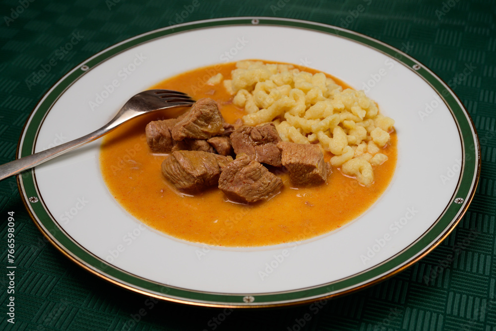 Veal Goulash or Kalbsgulasch with Paprika Cream Sauce and Dumplings