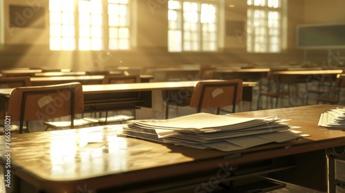 Stacks of papers rest on the polished surface of a desk in a sunlit  serene classroom.