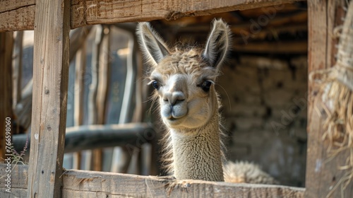Close up of a llama peering through a fence. Suitable for animal and farm themes © Fotograf