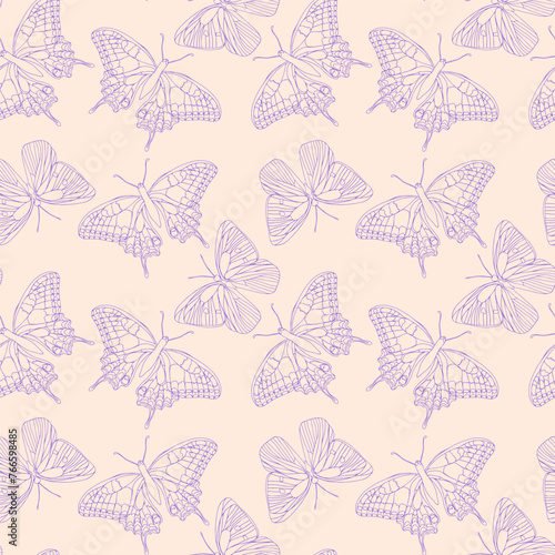 Butterflies ink line vector seamless pattern set background for textile  fabric  wallpaper  scrapbook. Insects with wings drawing for surface design