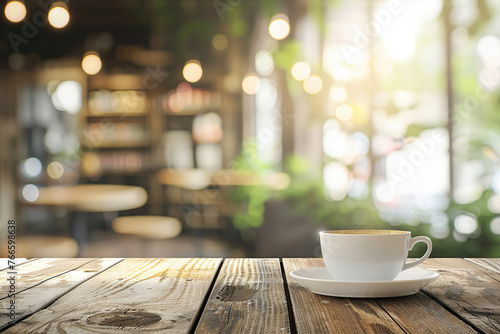 Cup of coffee on table on blurred cafe background with sunlights and outdoors photo