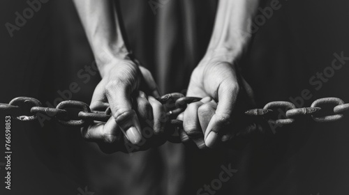 A person holding a chain in their hands. Suitable for concepts related to strength and restraint photo