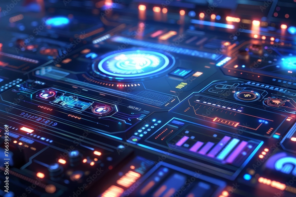 Futuristic Holographic User Interface with Glowing Elements, Sci-Fi Technology Concept 3D Illustration - obrazy, fototapety, plakaty 