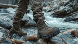 A person is walking on a rocky path wearing hiking boots. The boots are brown and have a rugged appearance. The person appears to be enjoying the hike and the outdoors