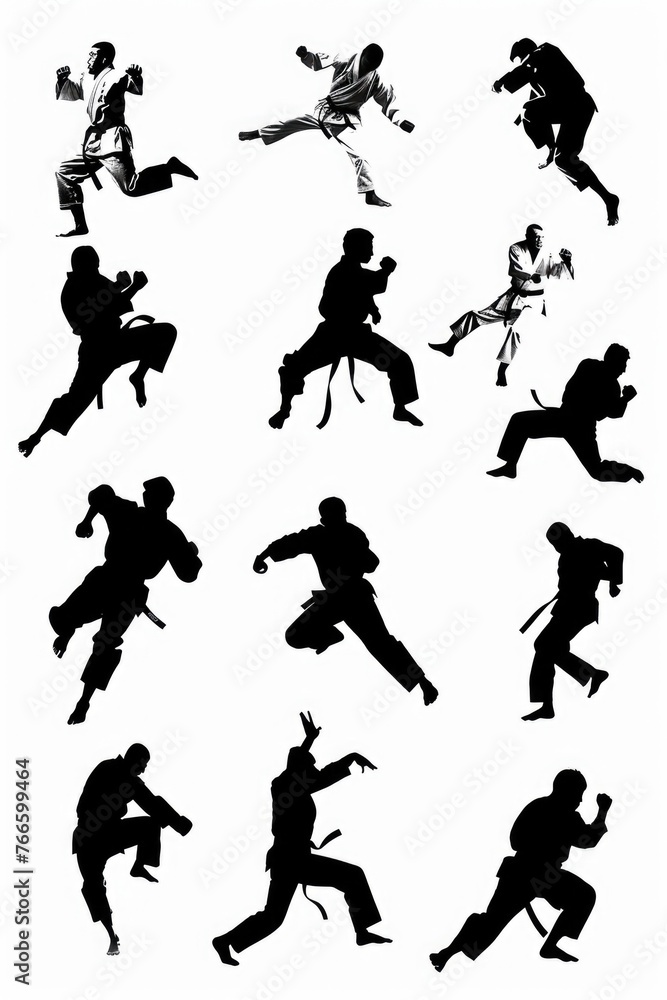 Silhouettes of a man practicing karate. Ideal for sports and martial arts concepts
