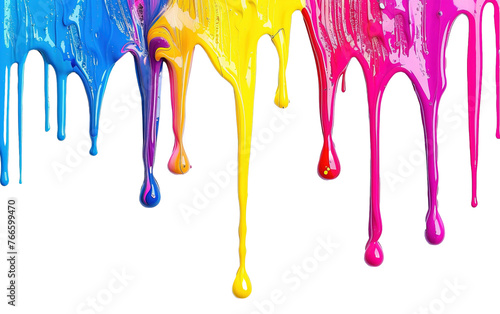 Colorful acrylic paint dripping with liquid drops isolated on white or transparent background photo
