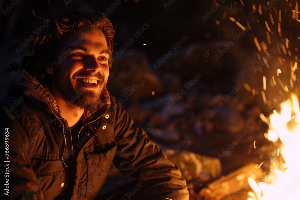 A man sitting in front of a fire, smiling. Suitable for various concepts