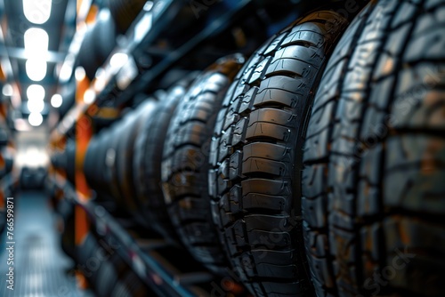 New tires on storage rack in car workshop