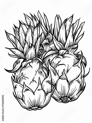 Two detailed dragon fruits in black and white against a white backdrop. The illustration captures the fruits ripe beauty with precision, creating an artistic composition.