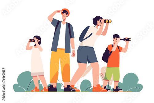 Happy traveling tourist family looking through binoculars. Vector illustration