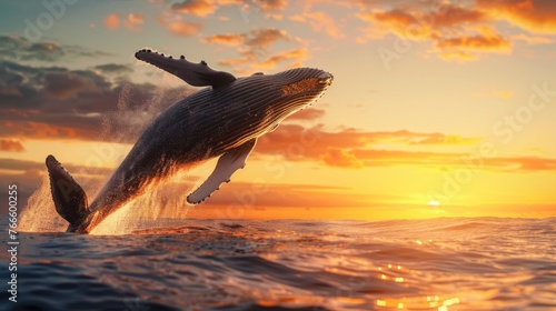 A humpback whale breaching out of the water at sunset. Ideal for nature and wildlife concepts © Fotograf