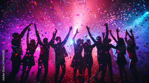 Silhouetted figures dance and celebrate under vibrant lights and falling confetti at a lively party. © MP Studio