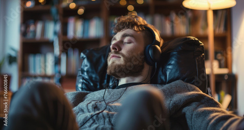 A man laying back in a chair with headphones on. Perfect for illustrating relaxation and leisure activities