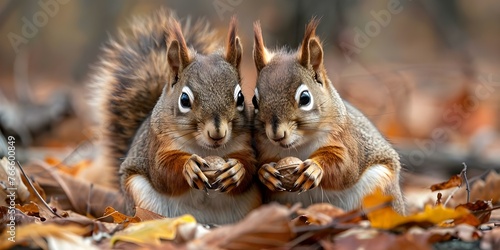 Two squirrels sitting close together one holding an acorn in its paws in a natural setting. Concept Nature, Wildlife, Squirrels, Close-Up, Acorn