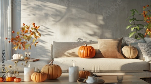 A cozy living room filled with pumpkins. Perfect for autumn-themed designs