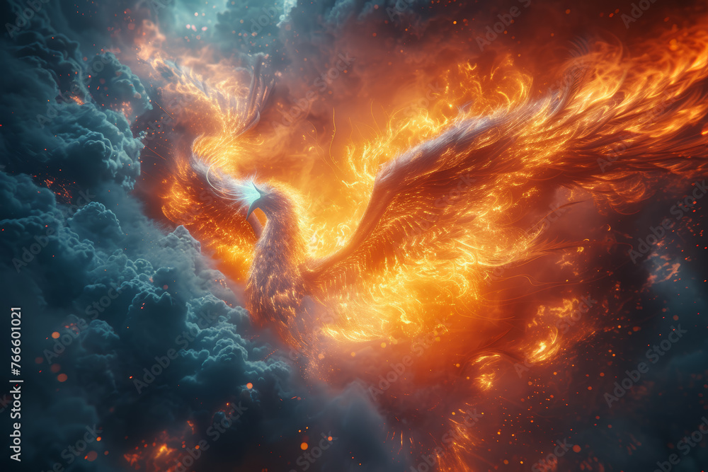 An ice phoenix emerging from the heart of a blazing inferno, embodying the cyclical rebirth of opposing elements. Concept of elemental reincarnation. Generative Ai. - obrazy, fototapety, plakaty 
