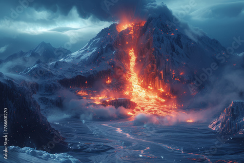 Volcanic geysers erupting in a land of eternal ice, manifesting the primal energy and tension between opposing elements. Concept of geological eruption. Generative Ai.