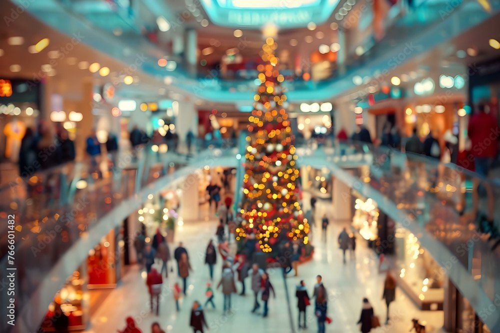 Blurred image of a bustling shopping mall during the festive Christmas season with shoppers and holiday preparations. Concept Holidays, Shopping, Festive Season, Crowds, Christmas