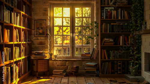 Cozy home library at sunset