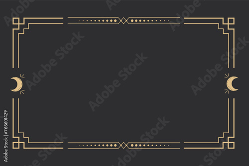 Line golden frame, celestiam minimal esoteric border, mystyc linear decoration with dots, corners isolated on dark background. Geometric shape, tarrot 