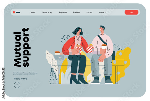 Mutual Support: Share food -modern flat vector concept illustration of woman offering half of her lunch to colleague in the park. A metaphor of voluntary, collaborative exchanges of resource, services