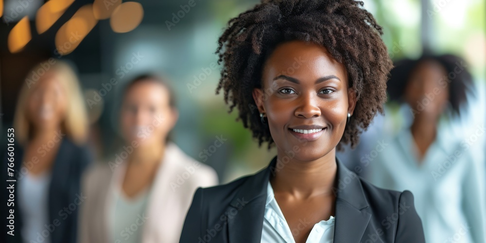 A serene African-American businesswoman in a blazer, with a subtle smile and a confident gaze, is featured with female colleagues out of focus in the backdrop A serene African-American businesswoman in a blazer, with a subtle smile and a confident gaze, is featured with female colleagues out of focus in the backdrop