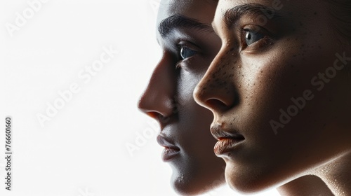 Close up portrait of two women with freckles, perfect for beauty and skincare concepts