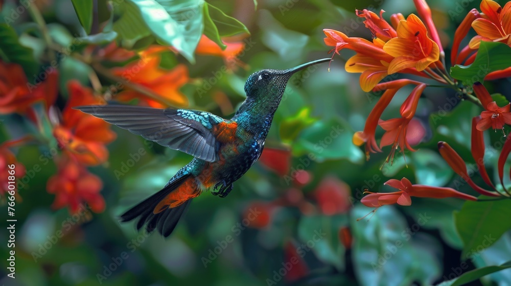 Fototapeta premium A beautiful hummingbird flying near colorful flowers. Suitable for nature and wildlife themes