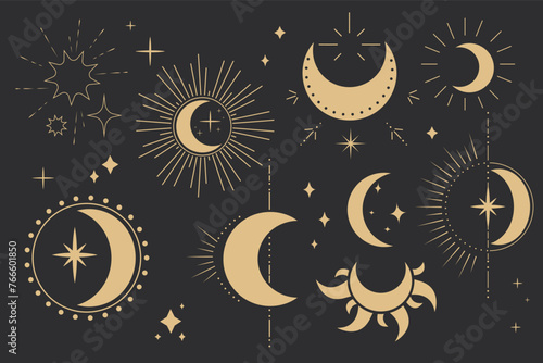 Set gold mystic moon celestial astrology magic element with rays, stars, burst minimal line tattoo, border or decoration isolated on dark background. Space symbols, emblem.