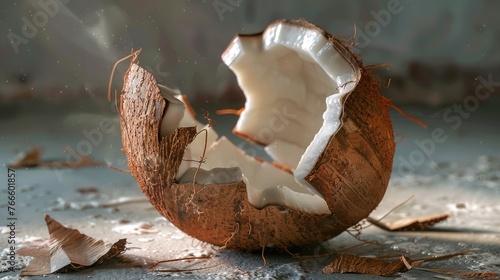 A half eaten coconut left on the floor, suitable for tropical themes photo