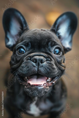 Adorable small black dog with striking blue eyes looking up at the camera. Perfect for pet lovers and animal enthusiasts © Fotograf