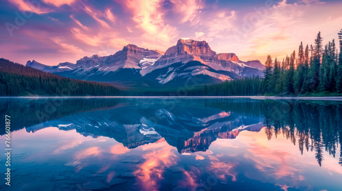 Majestic mountain reflection at sunset