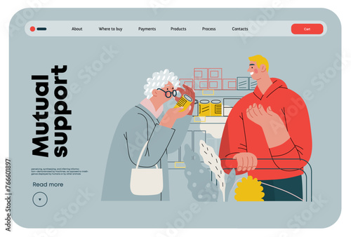 Mutual Support: Helping a visually impaired person -modern flat vector concept illustration of man offering to read label for woman in supermarket A metaphor of voluntary, collaborative exchanges