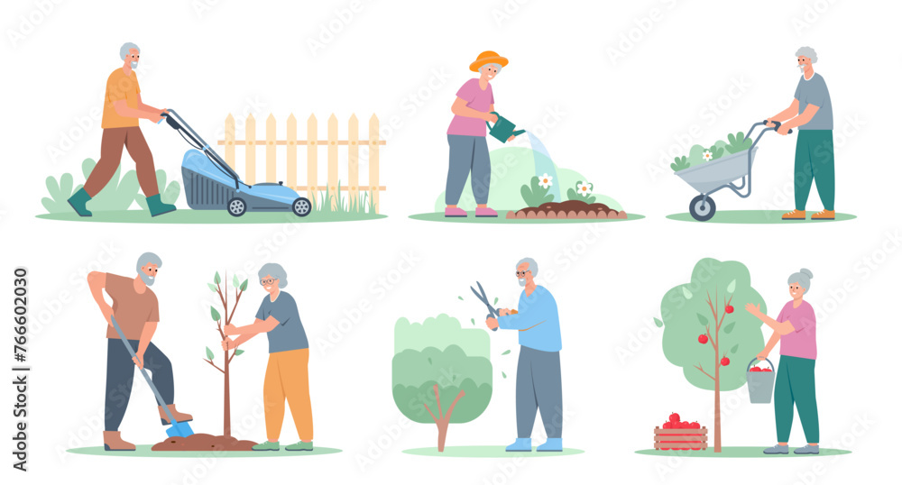 Naklejka premium Set of elderly people in garden. Senior men and women planting, watering, mowing and harvesting. Agricultural workers gardening. Flat or cartoon vector illustration.