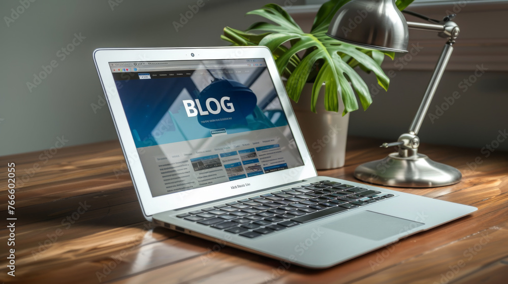 A laptop open on a blog page, surrounded by a desk lamp and houseplants, creating a cozy workspace atmosphere. A laptop open on a blog page, surrounded by a desk lamp and houseplants, creating a cozy workspace atmosphere.