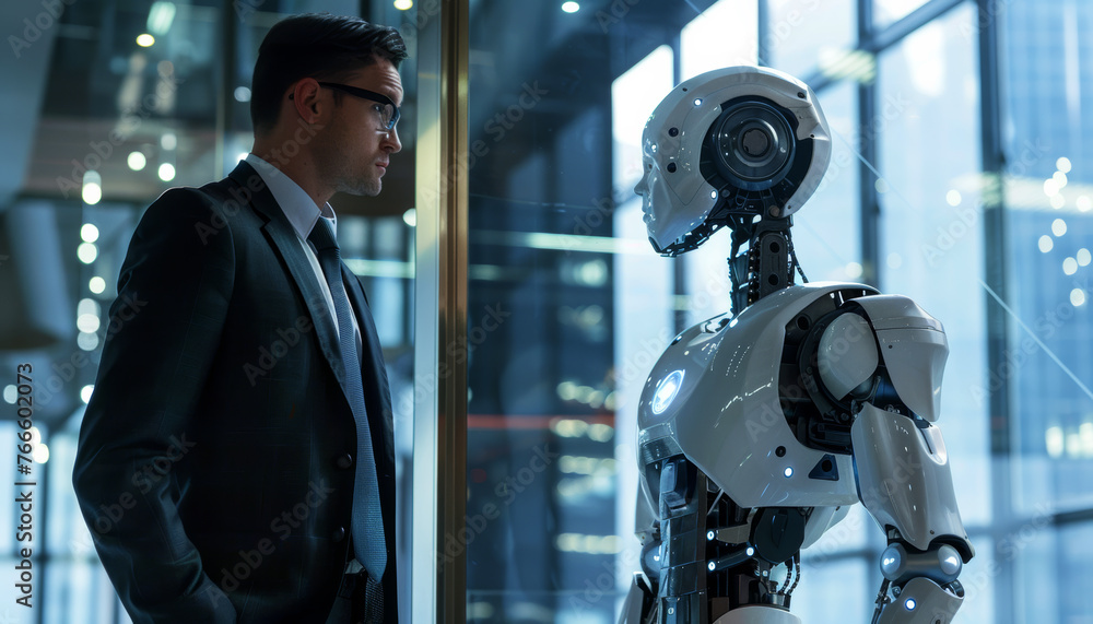 Fototapeta premium Robot Co-Workers: Businessmen find themselves collaborating with robotic colleagues in a futuristic office