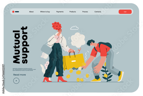 Mutual Support: Pick up fallen item -modern flat vector concept illustration of man collecting fruits that fell from woman's bag A metaphor of voluntary, collaborative exchanges of resource, services