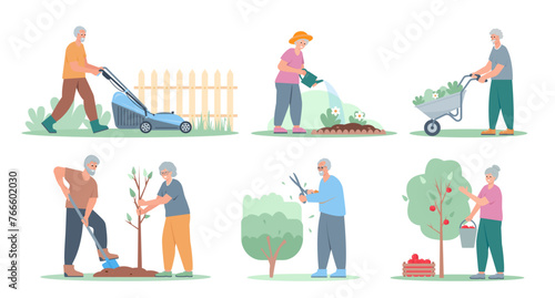 Set of elderly people in garden. Senior men and women planting, watering, mowing and harvesting. Agricultural workers gardening. Flat or cartoon vector illustration.