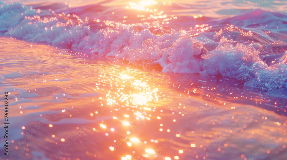 A beautiful, pink ocean with a wave cresting in the foreground. The water is calm and the sun is shining brightly, creating a serene and peaceful atmosphere. The scene is perfect for relaxation.