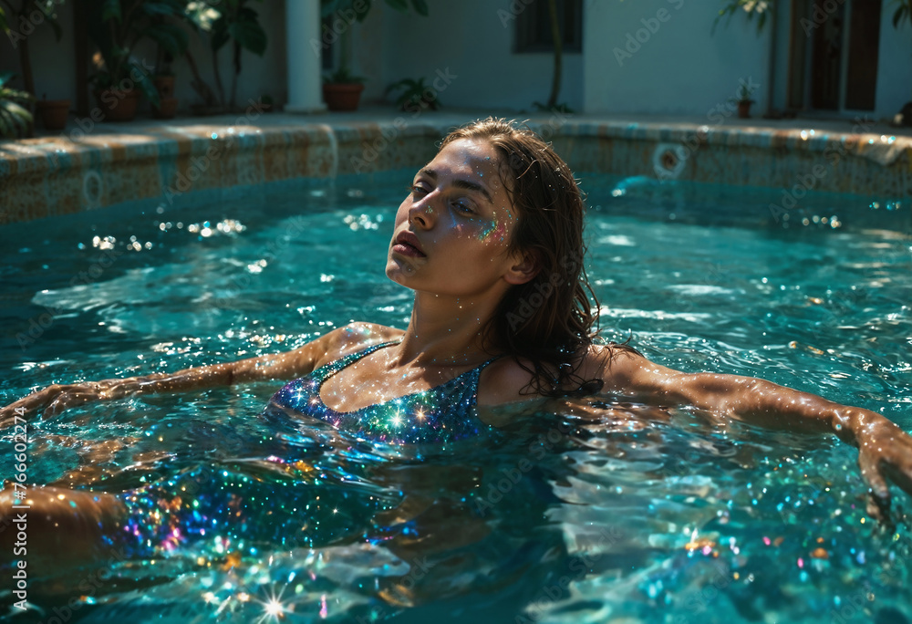 A young woman with wet hair floats peacefully in a glistening blue swimming pool against a lush garden backdrop