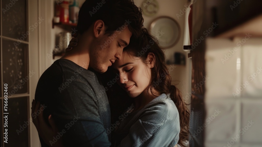 A man and a woman hugging in a cozy kitchen. Suitable for lifestyle and relationship concepts A man and a woman hugging in a cozy kitchen. Suitable for lifestyle and relationship concepts