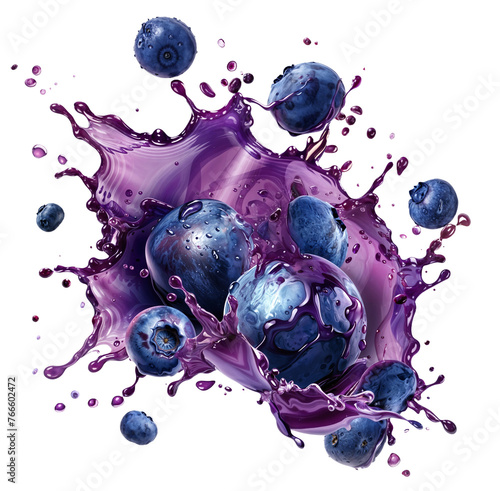Fresh blueberries with Splashing Juice, Ideal for Vibrant Summer Advertisements, Health and Wellness Themes, Dynamic Food Presentation, or Citrus Product Promotion, isolated on transparent background