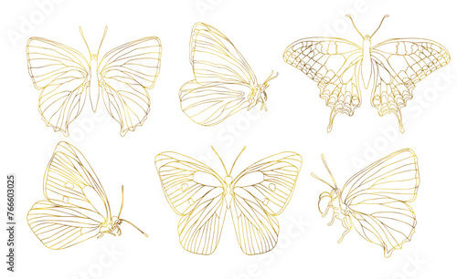  Butterfly golden foil art illustration. Insect butterfly for stickers  tattoo  silhouette  scrapbook. Winged gorgeous animal. Vector hand drawn illustration  isolate on white background