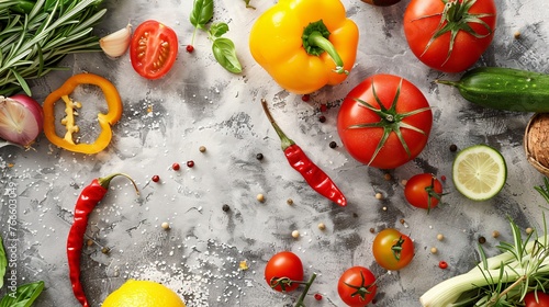 Assorted fresh vegetables on white grunge background, top view
