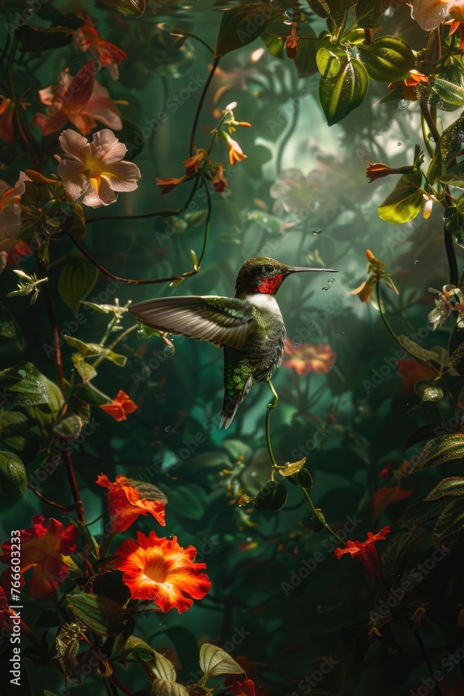 A beautiful hummingbird flying through a lush green forest. Ideal for nature and wildlife concepts A beautiful hummingbird flying through a lush green forest. Ideal for nature and wildlife concepts