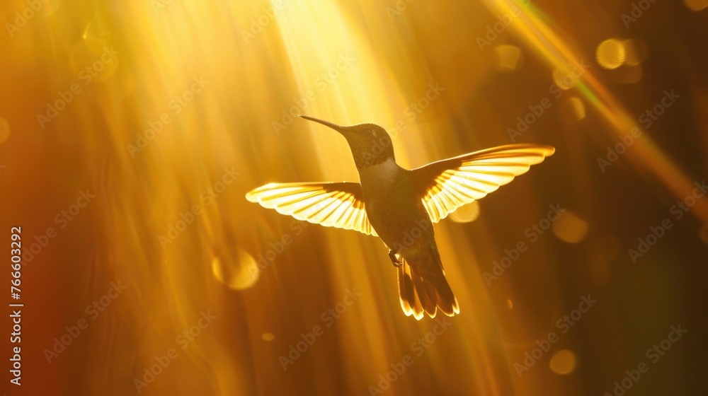 Naklejka premium A beautiful hummingbird flying with the sun shining in the background. Ideal for nature and wildlife concepts