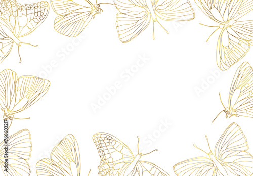 Butterfly golden foil art square frame. Insect butterfly for card or invitations, scrapbook. Vector background hand drawn illustration, isolate on white background