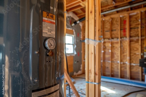 A water heater in a room with wood framing. Suitable for home improvement projects