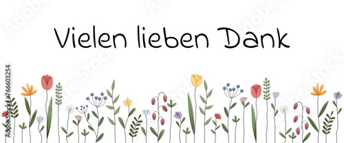 Vielen lieben Dank - Schriftzug in deutscher Sprache. Dankeskarte mit bunten Frühlingsblumen.