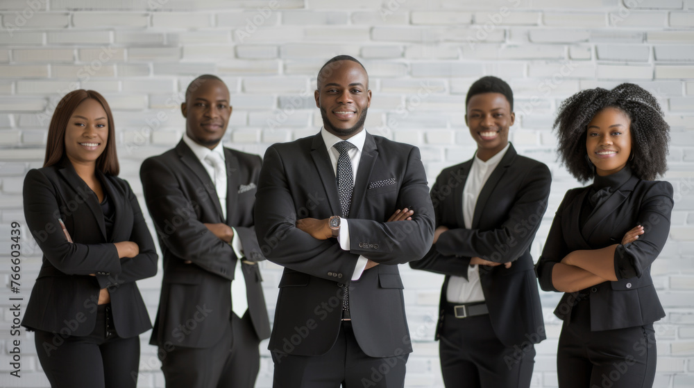 Professional team in suits stands confidently with arms crossed against a white brick wall. Professional team in suits stands confidently with arms crossed against a white brick wall.